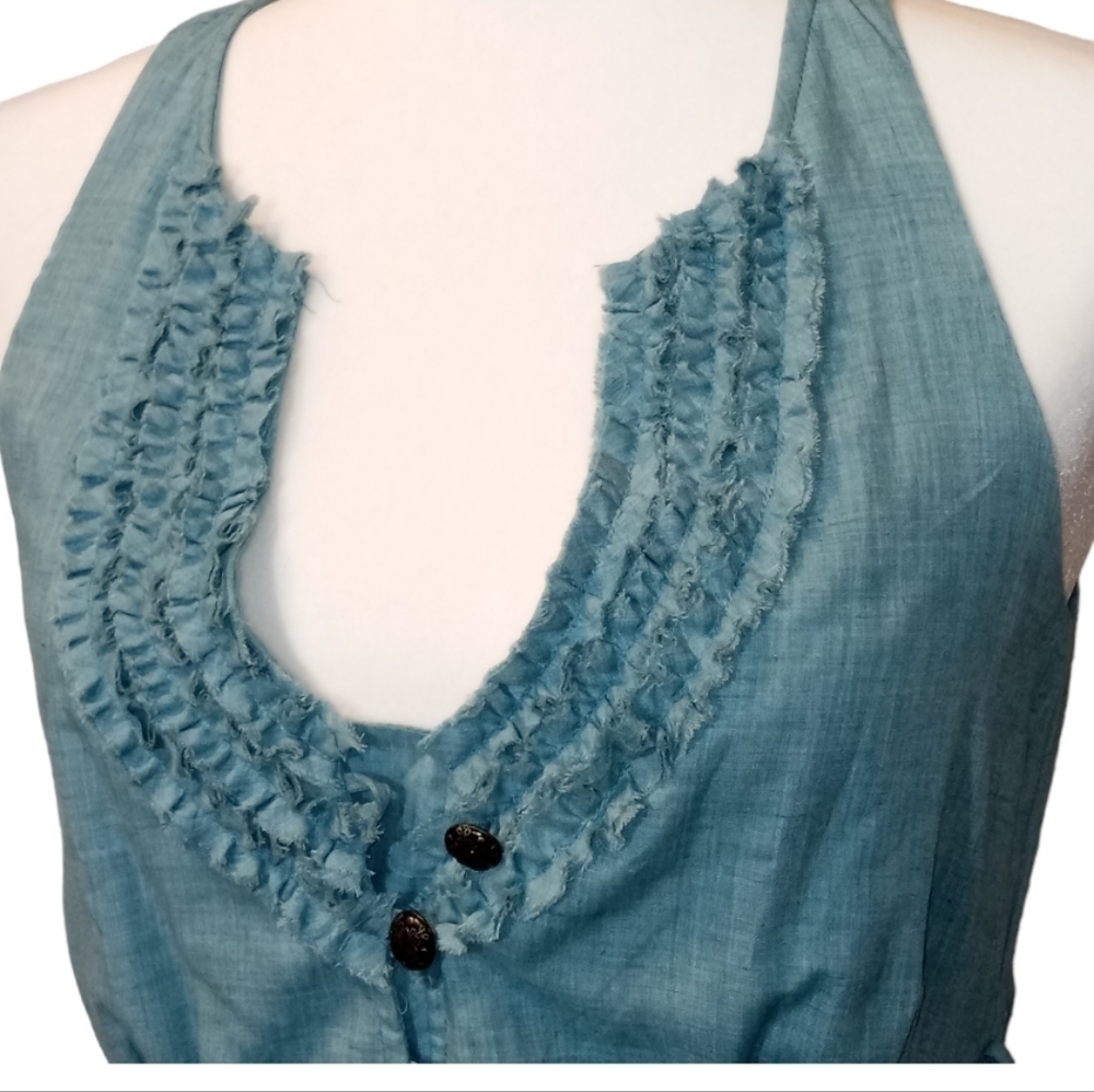 Nick & Mo Anthropologie button down blue/green shirt dress halter neck size S. - Picture 3 of 11